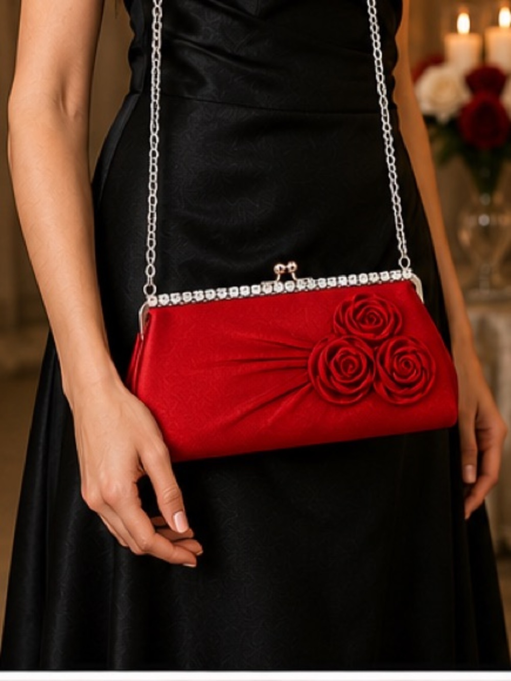 Red Satin Evening Clutch Bag with Chains NWT